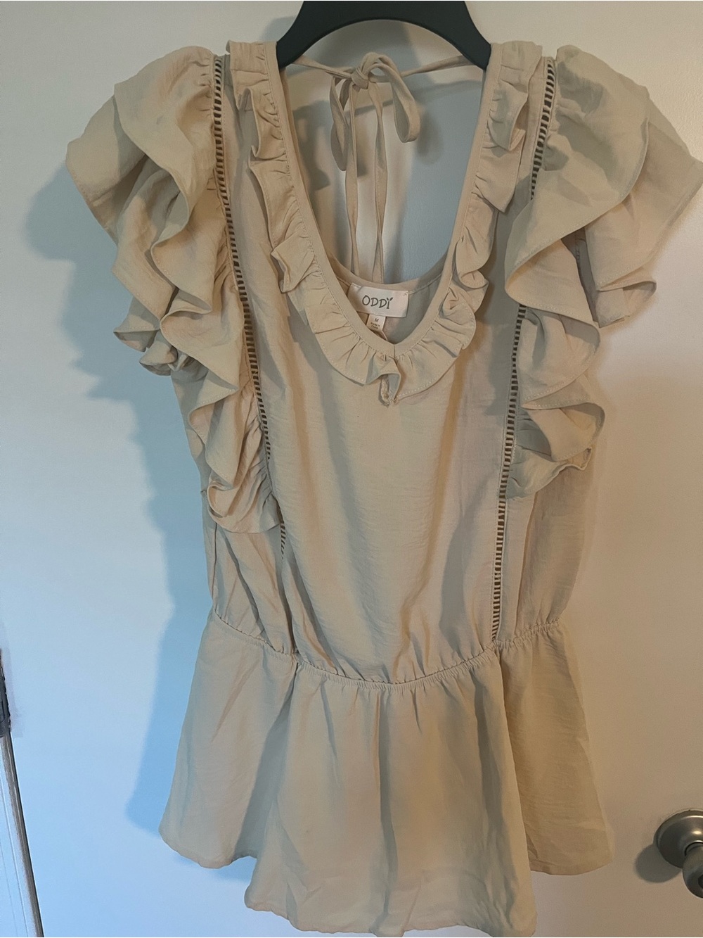 ODDI Cream Ruffle Peplum Blouse with Tie Back New Without Tag M